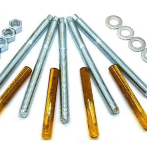 Chemical Anchor Bolt studs with glass resin capsules, nuts, and washers
