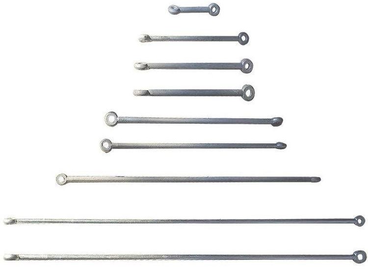 Various lengths of double eye steel stay rods for pole line guy anchoring